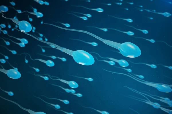 Spermatozoi in avvicinamento, ovuli. fertilizzazione naturale - vista da vicino. Concezione, l'inizio di una nuova vita. Illustrazione 3D — Foto Stock