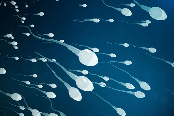 Spermatozoi in avvicinamento, ovuli. fertilizzazione naturale - vista da vicino. Concezione, l'inizio di una nuova vita. Illustrazione 3D — Foto Stock