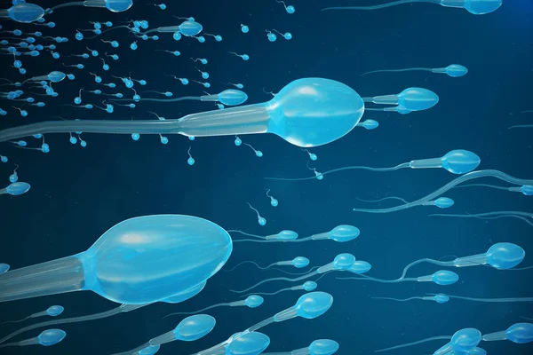 Esperma a aproximar-se dos óvulos, óvulo. fertilização natural - visão de close-up. Concepção, o início de uma nova vida. Ilustração 3D — Fotografia de Stock