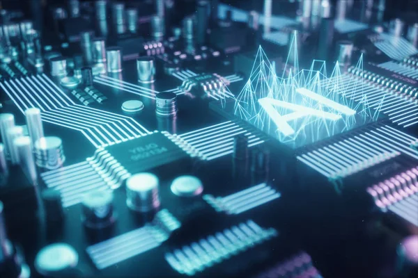 Illustration 3D intelligence artificielle abstraite sur un circuit imprimé. Concept de technologie et d'ingénierie. Les neurones de l'intelligence artificielle. Puce électronique, processeur principal . — Photo