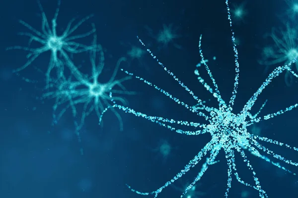 具有发光链结的神经元细胞的概念说明。传递电子化学信号的突触和神经元细胞。电脉冲互联神经元神经元, 3d 图示 — 图库照片