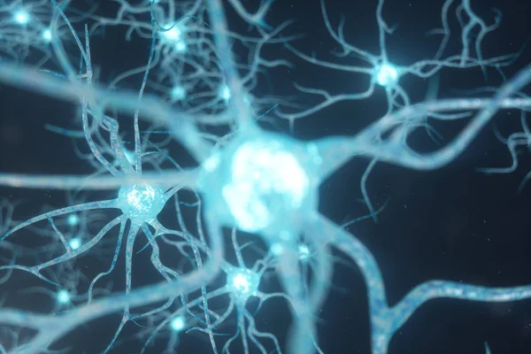 Konceptuell illustration av neuron celler med glödande länk knop. Synaps och Neuron celler skickar elektriska kemiska signaler. Neuron av sammanlänkade nervceller med elektriska pulser, 3d illustration — Stockfoto