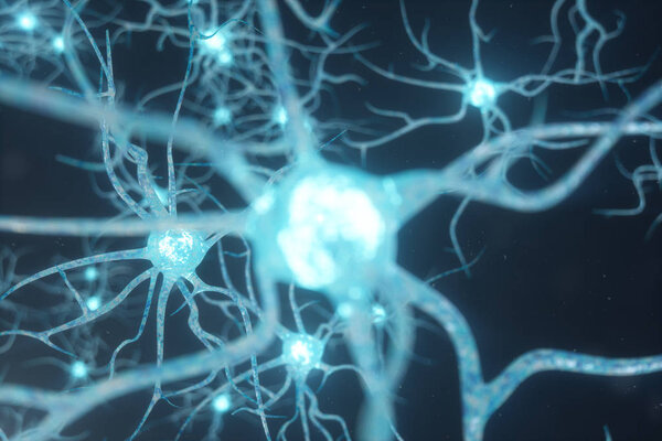 Conceptual illustration of neuron cells with glowing link knots. Synapse and neuron cells sending electrical chemical signals. Neuron of Interconnected neurons with electrical pulses, 3D illustration