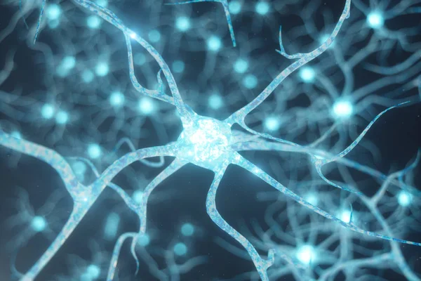 Illustrazione concettuale di cellule neuronali con nodi di collegamento incandescenti. Sinapsi e cellule neuronali inviano segnali chimici elettrici. Neurone di neuroni interconnessi con impulsi elettrici, illustrazione 3D — Foto Stock