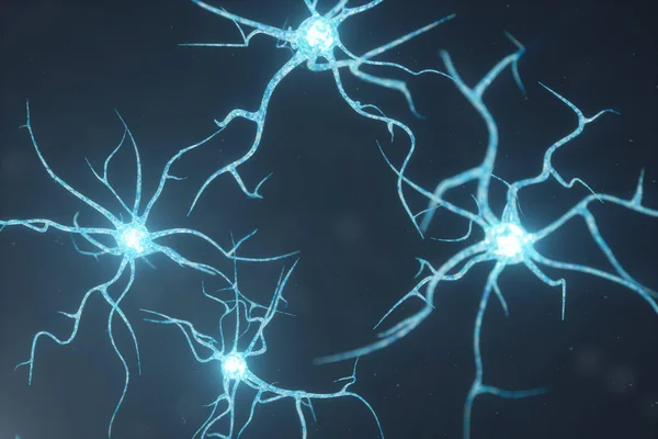 Ilustração conceitual de células neuronais com nós de ligação brilhantes. Sinapse e células neuronais enviando sinais químicos elétricos. Neuron de neurônios interconectados com pulsos elétricos, ilustração 3D — Fotografia de Stock