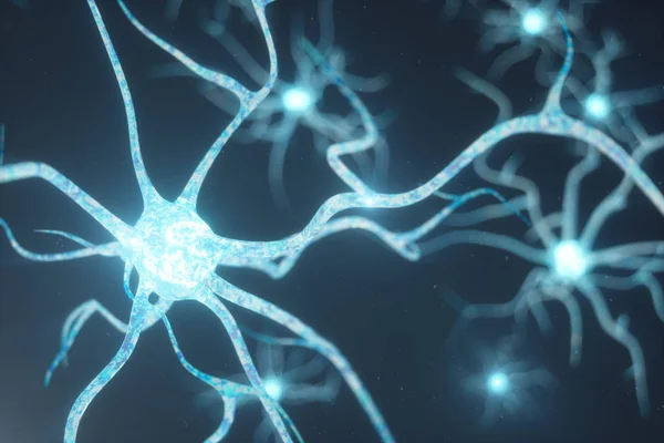 Концептуальна ілюстрація нейронних клітин з блискучими вузлами зв'язку. Синтаксис і нейронні клітини посилають електричні хімічні сигнали. Нейрон взаємопов'язаних нейронів з електричними імпульсами, 3D ілюстрація — стокове фото