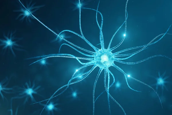 Illustrazione concettuale di cellule neuronali con nodi di collegamento incandescenti. Sinapsi e cellule neuronali inviano segnali chimici elettrici. Neurone di neuroni interconnessi con impulsi elettrici, illustrazione 3D — Foto Stock