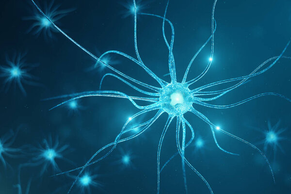 Conceptual illustration of neuron cells with glowing link knots. Synapse and neuron cells sending electrical chemical signals. Neuron of Interconnected neurons with electrical pulses, 3D illustration