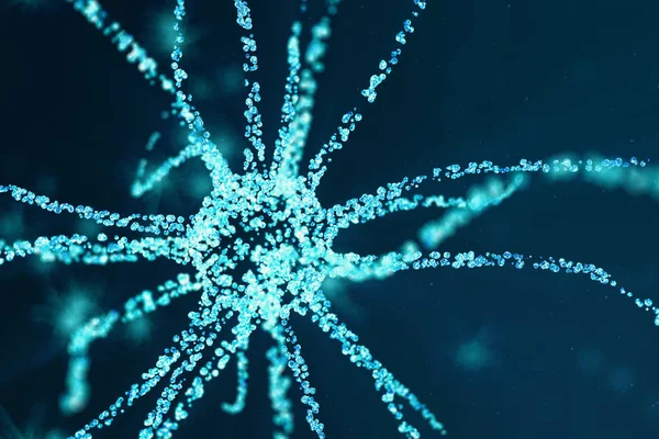 Nöron hücreleri parlayan bağlantı deniz mili ile kavramsal çizimi. SYNAPSE ve Elektrik kimyasal sinyal göndererek nöron hücreleri. Nöron enterkonnekte nöronların elektrik darbeleri, 3d çizim ile — Stok fotoğraf
