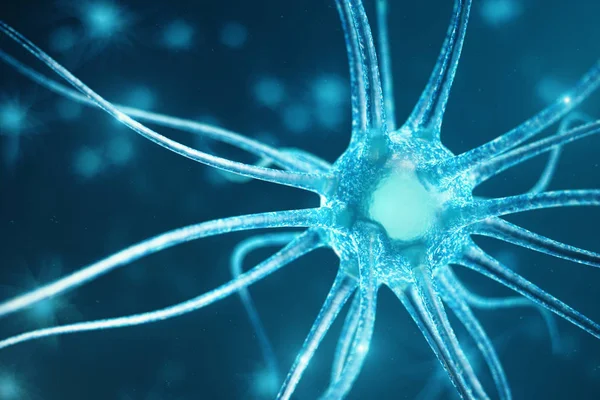 Illustration conceptuelle de cellules neuronales à nœuds lumineux. Les cellules Synapse et Neuron envoient des signaux chimiques électriques. Neurone des neurones interconnectés avec impulsions électriques, illustration 3D — Photo