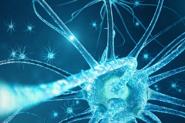 Conceptual illustration of neuron cells with glowing link knots. Neurons in brain on with focus effect. Synapse and Neuron cells sending electrical chemical signals. 3d illustration