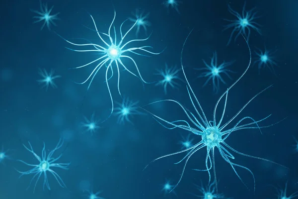 Konceptuell illustration av neuron celler med glödande länk knop. Nervceller i hjärnan på med focus effect. Synaps och Neuron celler skickar elektriska kemiska signaler. 3D illustration — Stockfoto