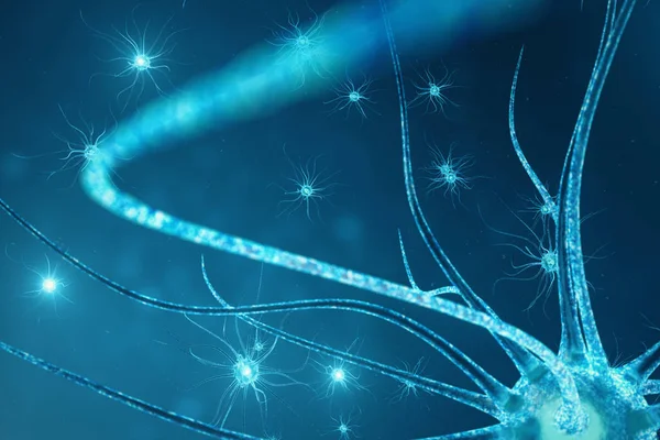 Konzeptionelle Illustration von Nervenzellen mit glühenden Gliederknoten. Neuronen im Gehirn an mit Fokuseffekt. Synapsen- und Neuronenzellen senden elektrische chemische Signale aus. 3D-Illustration — Stockfoto