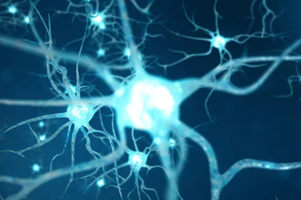 Illustration conceptuelle de cellules neuronales à nœuds lumineux. Neurones dans le cerveau avec effet de mise au point. Les cellules Synapse et Neuron envoient des signaux chimiques électriques. Illustration 3d — Photo