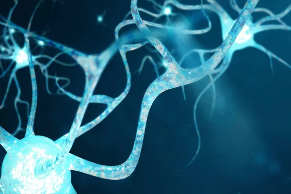 Konceptuell illustration av neuron celler med glödande länk knop. Nervceller i hjärnan på med focus effect. Synaps och Neuron celler skickar elektriska kemiska signaler. 3D illustration — Stockfoto