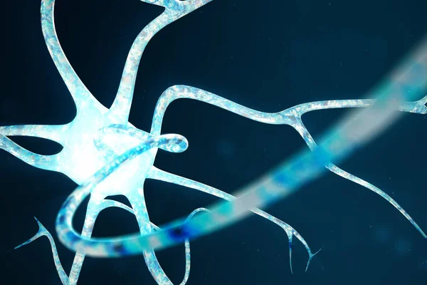 Illustrazione concettuale di cellule neuronali con nodi di collegamento incandescenti. Neuroni nel cervello accesi con effetto focus. Sinapsi e cellule neuronali inviano segnali chimici elettrici. Illustrazione 3d — Foto Stock