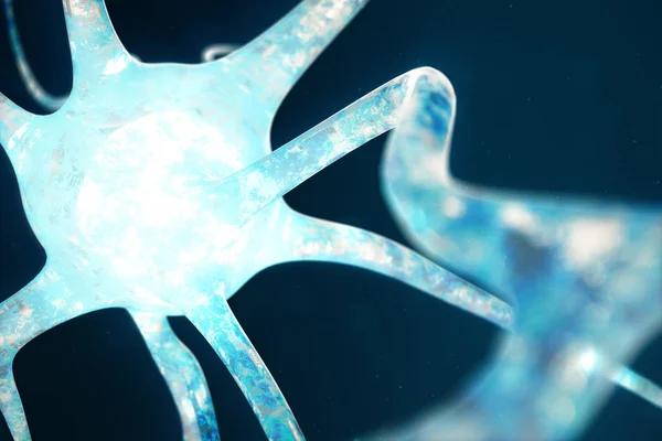 Nöron hücreleri parlayan bağlantı deniz mili ile kavramsal çizimi. Odak etkisi ile beyin üzerine nöronlarda. SYNAPSE ve Elektrik kimyasal sinyal göndererek nöron hücreleri. 3D çizim — Stok fotoğraf