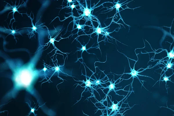 Conceptuele afbeelding van neuron cellen met gloeiende koppeling knopen. Neuronen in de hersenen op met focus effect. Synaps en Neuron cellen elektrische chemische signalen. 3D illustratie — Stockfoto