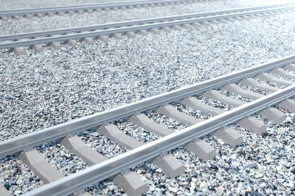 Ferrovia o ferrovia, ferrovia in acciaio per treni. Viaggi ferroviari, turismo ferroviario. Concetto di trasporto. Illustrazione 3D — Foto Stock