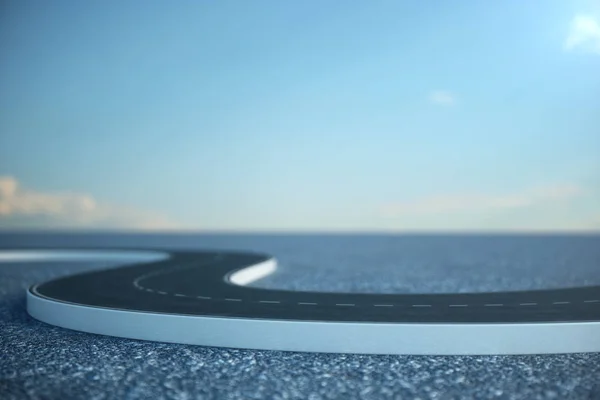 Δρόμος. Ταξίδια, μεταφορών έννοια. Ασφαλτοστρωμένος δρόμος χωρίζεται από μια λωρίδα. 3D απεικόνιση — Φωτογραφία Αρχείου