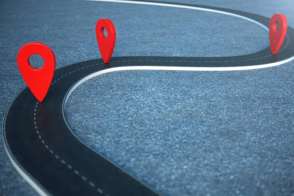 路路位置图表用别针指针。道路方式与红色指针。3d 插图 — 图库照片