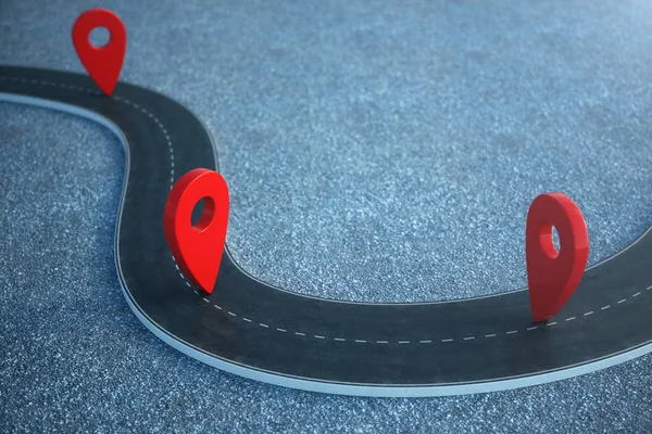 Δρόμος τοποθεσία τρόπο γράφημα με δείκτες pin. Δρόμος με κόκκινους δείκτες. 3D απεικόνιση — Φωτογραφία Αρχείου