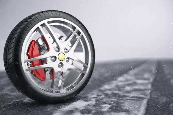 Car wheel, car tire standing on a road. Concept winter tyres. Winter tires with snowy background. Car tire with a disc standing on the road. 3D illustration — Stock Photo, Image