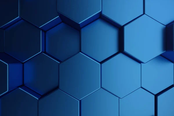 Ilustração 3D abstrato azul escuro de padrão hexágono superfície futurista. Azul geométrico hexagonal abstrato fundo . — Fotografia de Stock