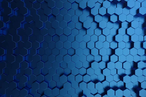 3d 插图抽象的深蓝色的未来表面六边形图案。蓝色几何六角抽象背景. — 图库照片