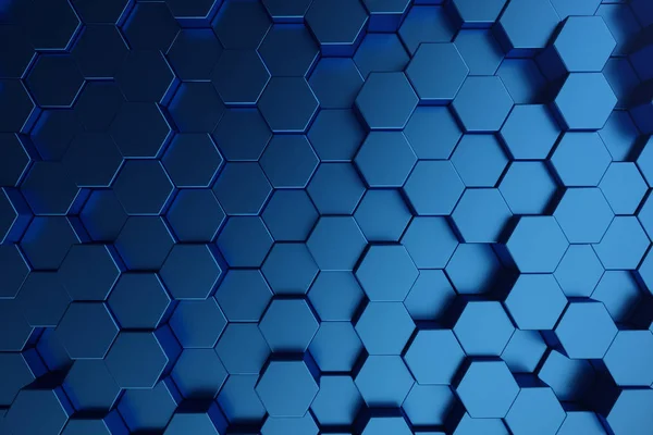 Ilustracja 3D Abstrakcja ciemny niebieski wzór futurystyczny powierzchni sześciokąta. Niebieski geometryczne sześciokątne streszczenie tło. — Zdjęcie stockowe