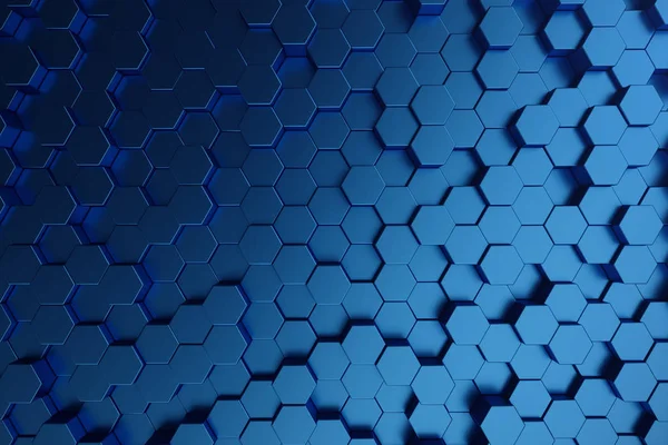 3D illüstrasyon soyut koyu mavi fütüristik yüzey altıgen desen. Mavi geometrik altıgen arka plan.