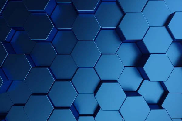 3 d イラストレーションは、未来的な表面の六角形パターンの濃い青を抽象化します。ブルーの幾何学的な六角形の抽象的な背景. — ストック写真