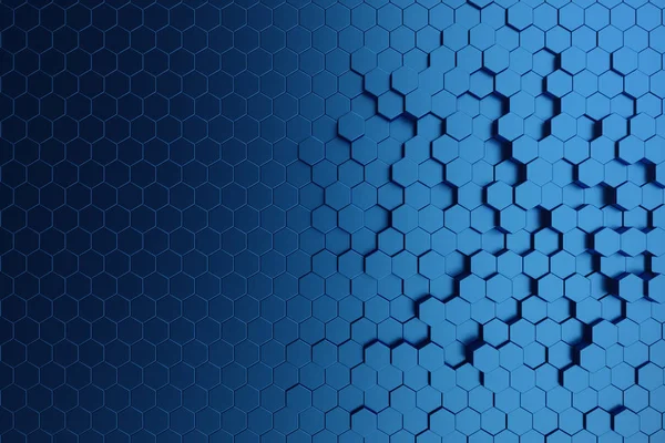 3d 插图抽象的深蓝色的未来表面六边形图案。蓝色几何六角抽象背景. — 图库照片
