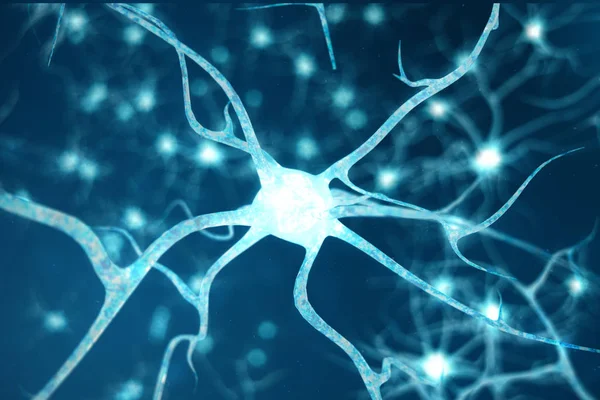 光るリンク ノットとニューロン細胞の概念図。フォーカス効果と脳のニューロン。シナプスや神経細胞の電気化学的な信号を送信します。3 d イラストレーション ストック画像