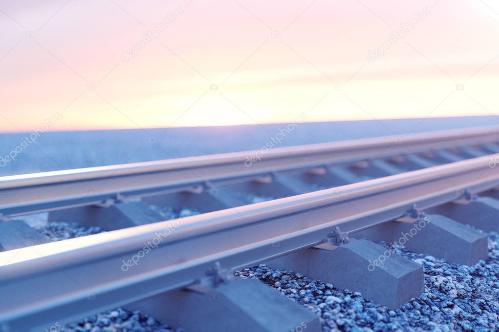 Railroad or railway, steel railway for trains. Railroad travel, railway tourism. Transportation concept. 3D illustration