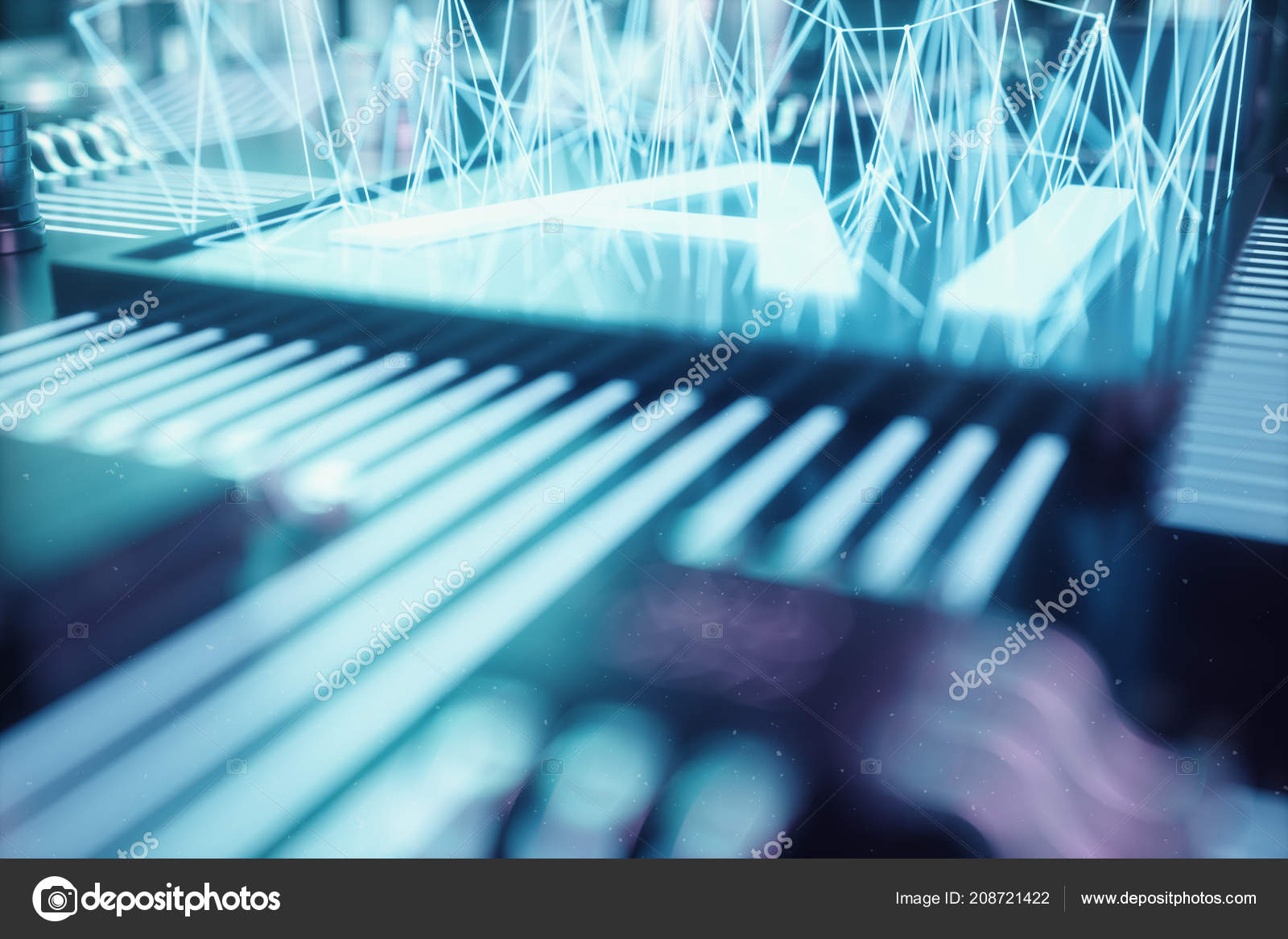 3D illustration abstract artificial intelligence on a printed circuit board. Technology and engineering concept. Neurons of artificial intelligence. Electronic chip, head processor. â€” Stock Photo