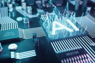 3D illüstrasyon soyut bir baskılı devre kartı üzerinde yapay zeka. Teknoloji ve mühendislik kavramı. Nöronlar Yapay zeka. Elektronik çip, baş işlemci.