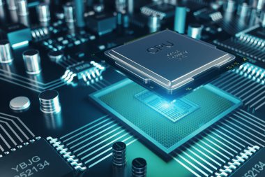 Devre kartı. Teknolojik altyapı. Merkez bilgisayar işlemci Cpu kavramı. Anakart dijital çip. Teknik bilim arka plan. Tümleşik iletişim işlemci. 3D çizim