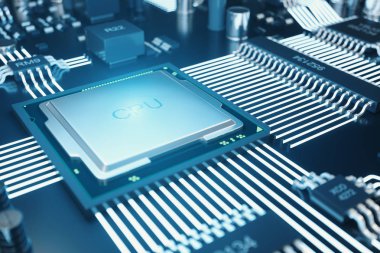 Devre kartı. Teknolojik altyapı. Merkez bilgisayar işlemci Cpu kavramı. Anakart dijital çip. Teknik bilim arka plan. Tümleşik iletişim işlemci. 3D çizim