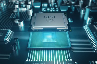Devre kartı. Teknolojik altyapı. Merkez bilgisayar işlemci Cpu kavramı. Anakart dijital çip. Teknik bilim arka plan. Tümleşik iletişim işlemci. 3D çizim