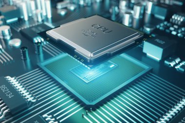 Devre kartı. Teknolojik altyapı. Merkez bilgisayar işlemci Cpu kavramı. Anakart dijital çip. Teknik bilim arka plan. Tümleşik iletişim işlemci. 3D çizim