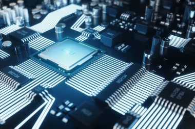 Cicruit Yönetim Kurulu, yapay zeka, AI, neural ağ kavramı. Teknolojik altyapı, teknik bilim arka plan. Tümleşik iletişim işlemci. 3D çizim