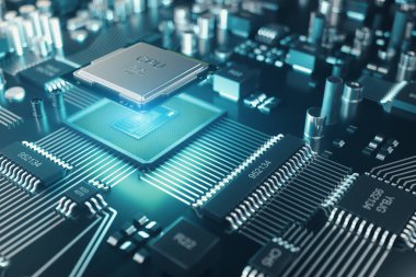 Devre kartı. Teknolojik altyapı. Merkez bilgisayar işlemci Cpu kavramı. Anakart dijital çip. Teknik bilim arka plan. Tümleşik iletişim işlemci. 3D çizim