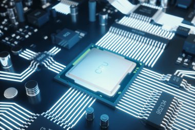 Devre kartı. Teknolojik altyapı. Merkez bilgisayar işlemci Cpu kavramı. Anakart dijital çip. Teknik bilim arka plan. Tümleşik iletişim işlemci. 3D çizim