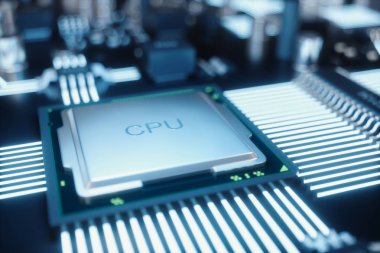 Devre kartı. Teknolojik altyapı. Merkez bilgisayar işlemci Cpu kavramı. Anakart dijital çip. Teknik bilim arka plan. Tümleşik iletişim işlemci. 3D çizim