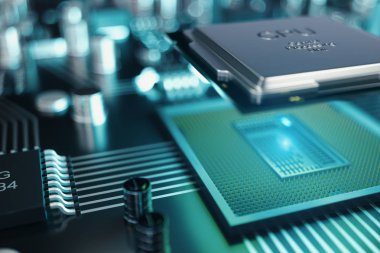 Devre kartı. Teknolojik altyapı. Merkez bilgisayar işlemci Cpu kavramı. Anakart dijital çip. Teknik bilim arka plan. Tümleşik iletişim işlemci. 3D çizim