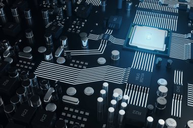 Cicruit Yönetim Kurulu, yapay zeka, AI, neural ağ kavramı. Teknolojik altyapı, teknik bilim arka plan. Tümleşik iletişim işlemci. 3D çizim