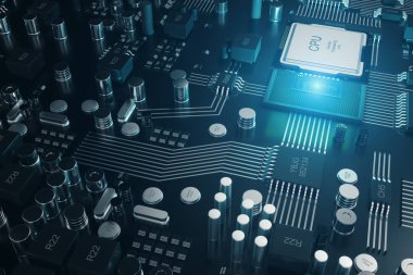 Devre kartı. Teknolojik altyapı. Merkez bilgisayar işlemci Cpu kavramı. Anakart dijital çip. Teknik bilim arka plan. Tümleşik iletişim işlemci. 3D çizim