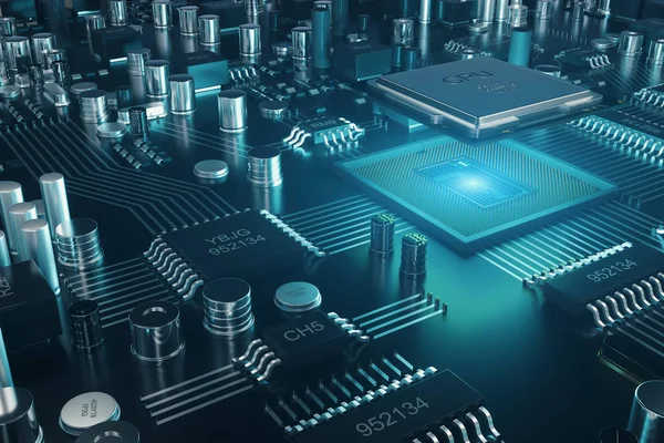 Circuito. Contesto tecnologico. Processori informatici centrali concetto di CPU. Scheda madre chip digitale. Laurea in scienze tecniche. Processore di comunicazione integrato. Illustrazione 3D — Foto Stock