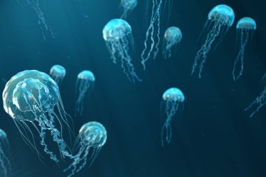 denizanası 3D resimde arka plan. Denizanası okyanus denizde yüzüyor, ışık birimi-ışınları etkisi oluşturma su geçer. Tehlikeli mavi denizanası